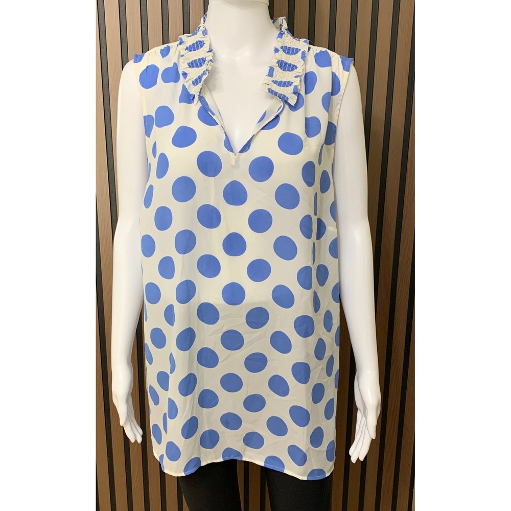Talbots Plus Women's 2X Blue Polka Dot Smocked Ruffle Neck Sleeveless Blouse Top